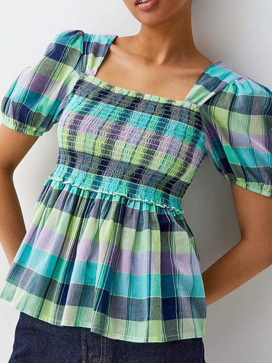 Simons Tops - Blue, green and purple boho peasant plaid smocked cotton blouse NWT